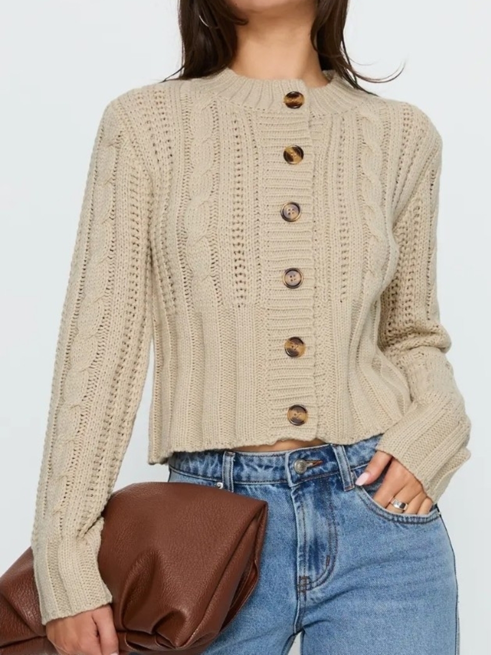 PRINCESS POLLY Donielle Cable Knit Cardigan Sweater Beige Women's Size XS/S